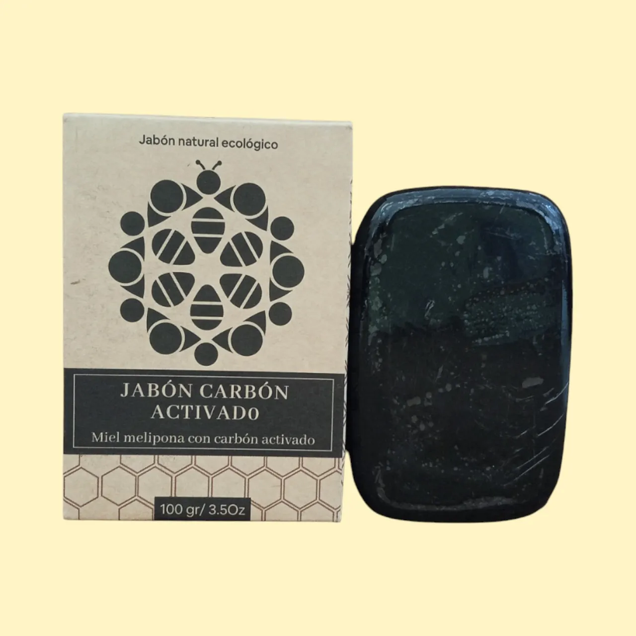 Jabón con miel melipona y carbón activado, 100 gr.