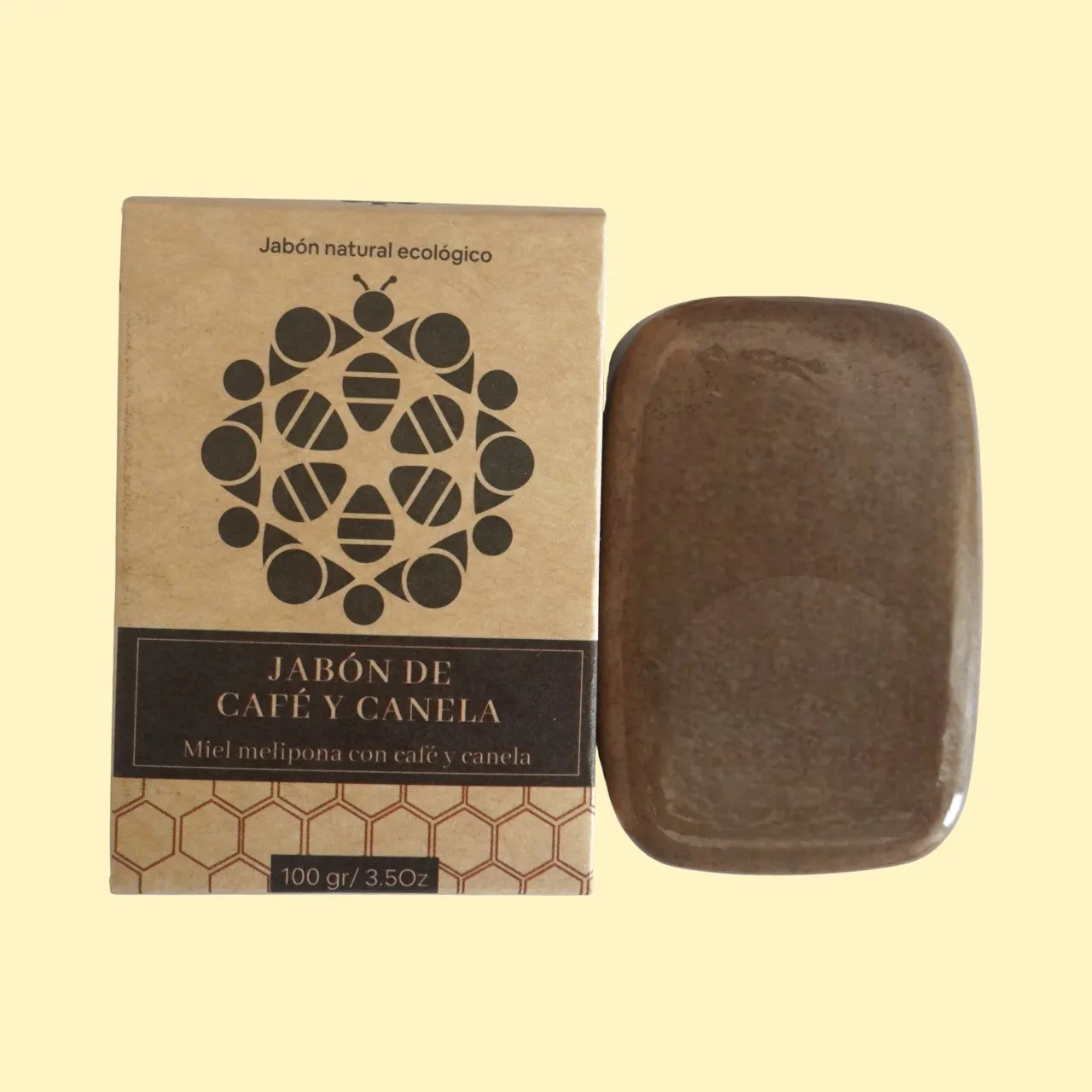 Jabón con miel melipona, café y canela, 100 gr.